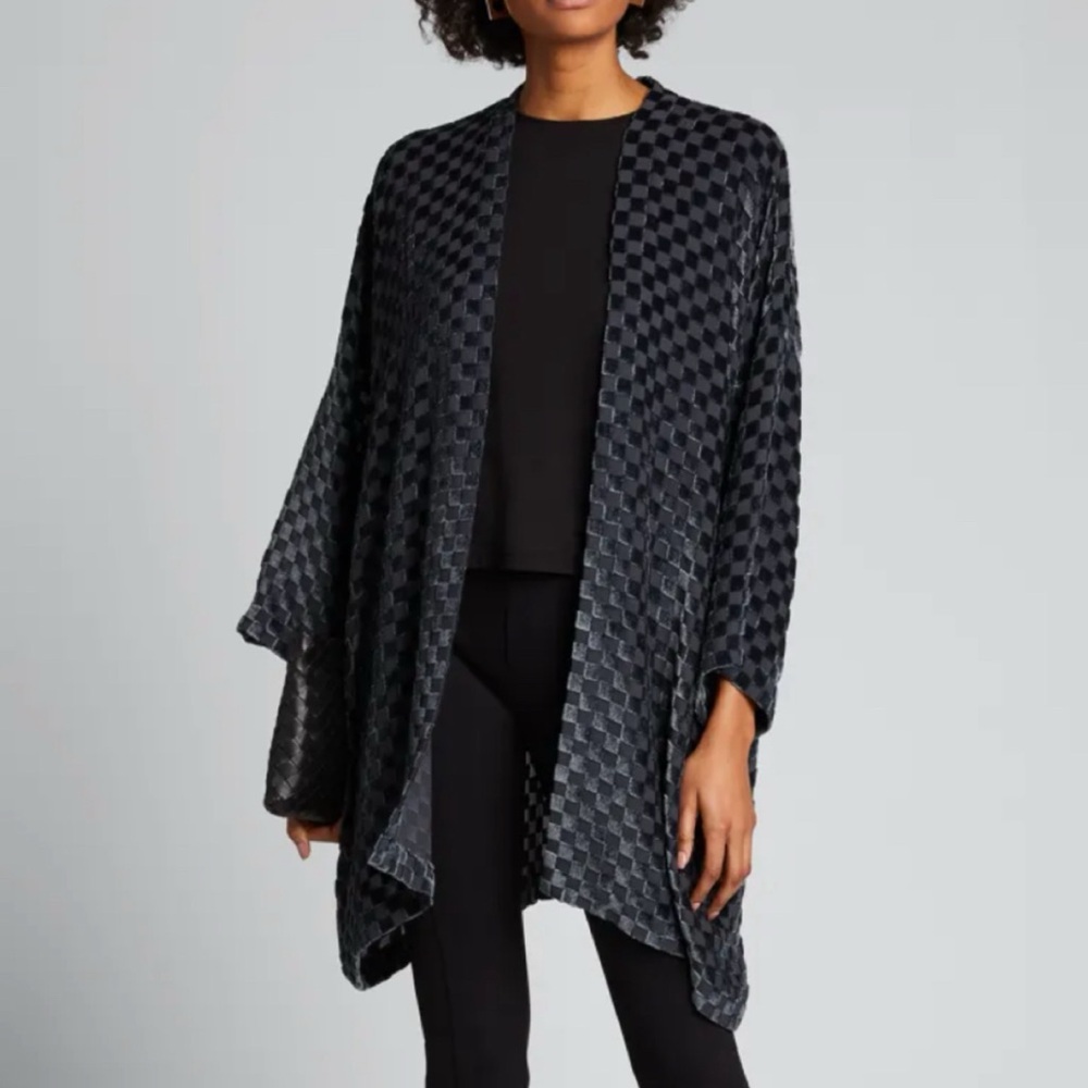 ESKANDAR Silk Open Cardigan Jacket in Blue Devore Velvet Chequerboard